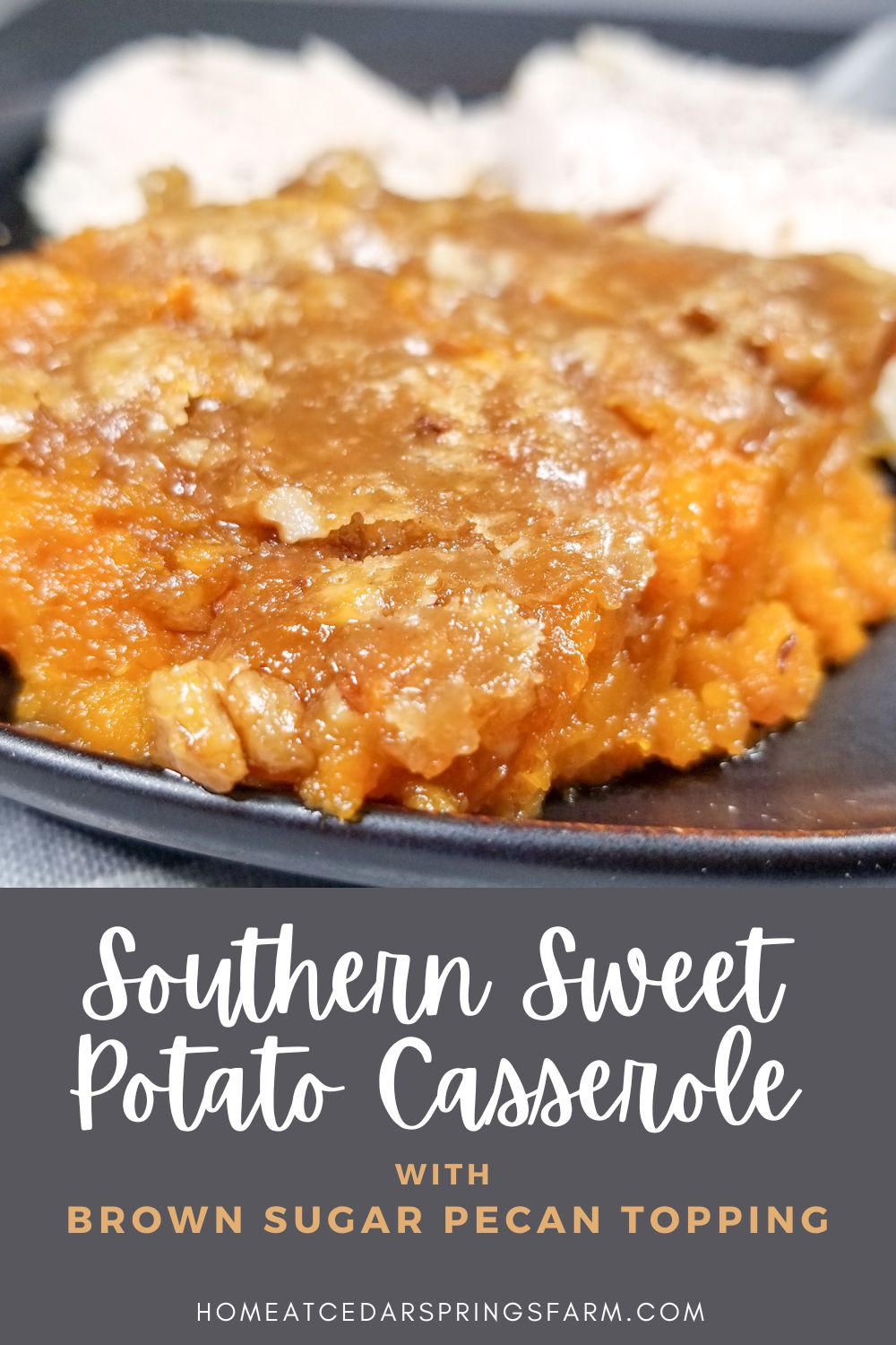 sweet potato casserole with text overlay.