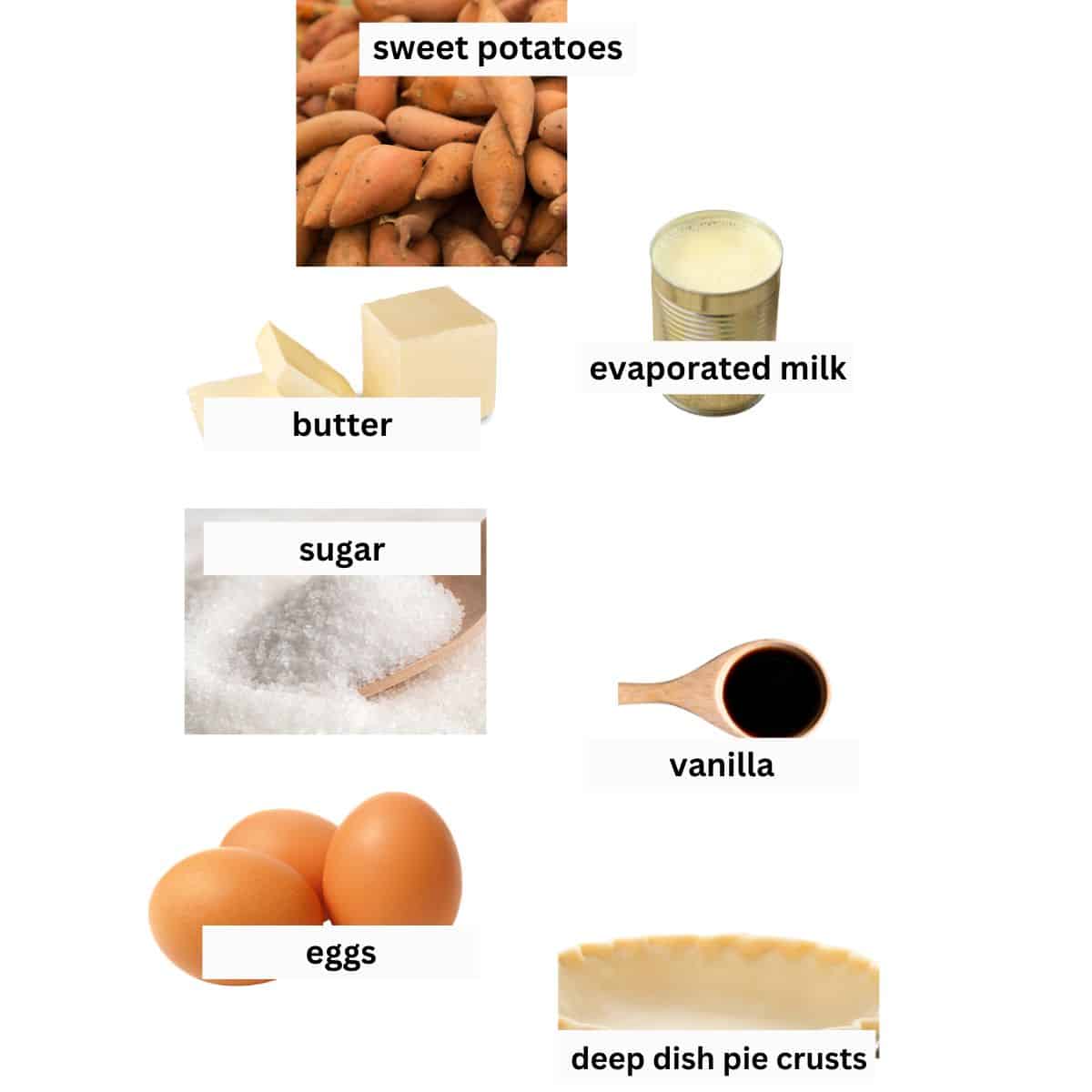 Ingredients needed for making sweet potato pie recipe.