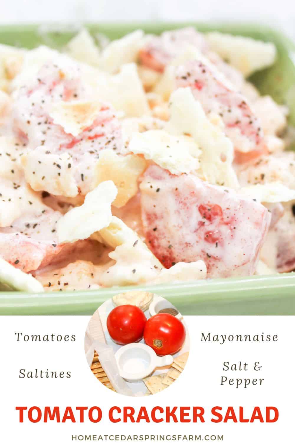 Tomato cracker salad in a green bowl with ingredients picture inserted with text overlay.