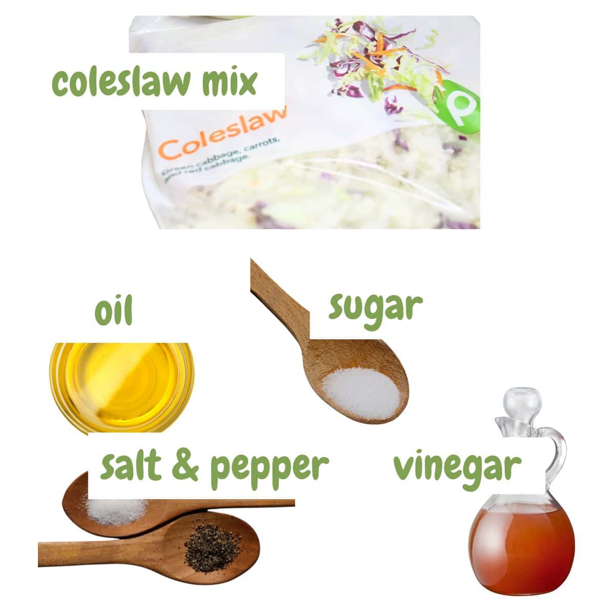 Ingredients needed for making no mayo coleslaw with text overlay.